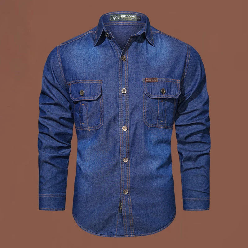A stylish men's casual cotton and bamboo denim long-sleeved shirt in a light blue color