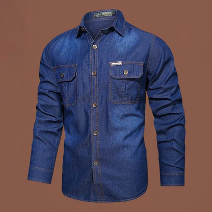 A stylish men's casual cotton and bamboo denim long-sleeved shirt in a light blue color