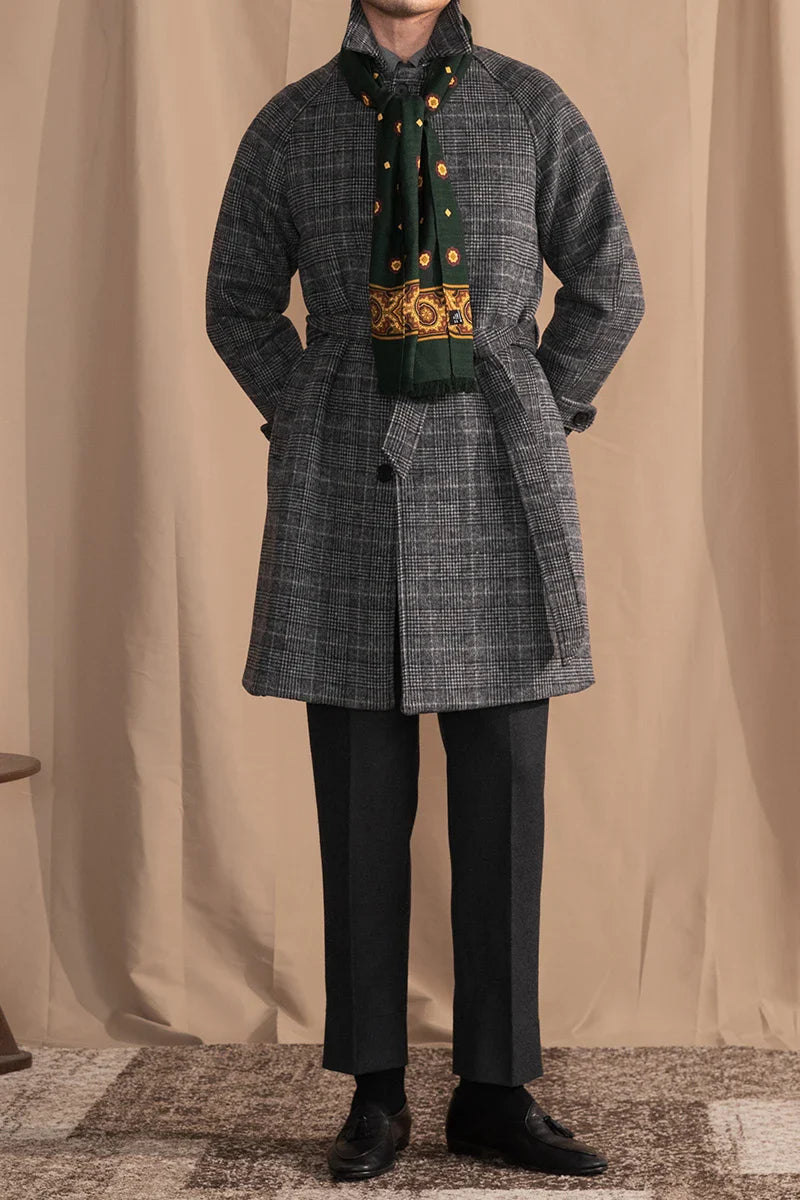 Men's wool warm mid-length coat in black grey color, featuring a classic lapel design and single-breasted front closure for a refined and stylish look.