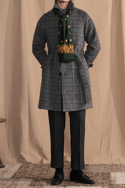 Men's wool warm mid-length coat in black grey color, featuring a classic lapel design and single-breasted front closure for a refined and stylish look.