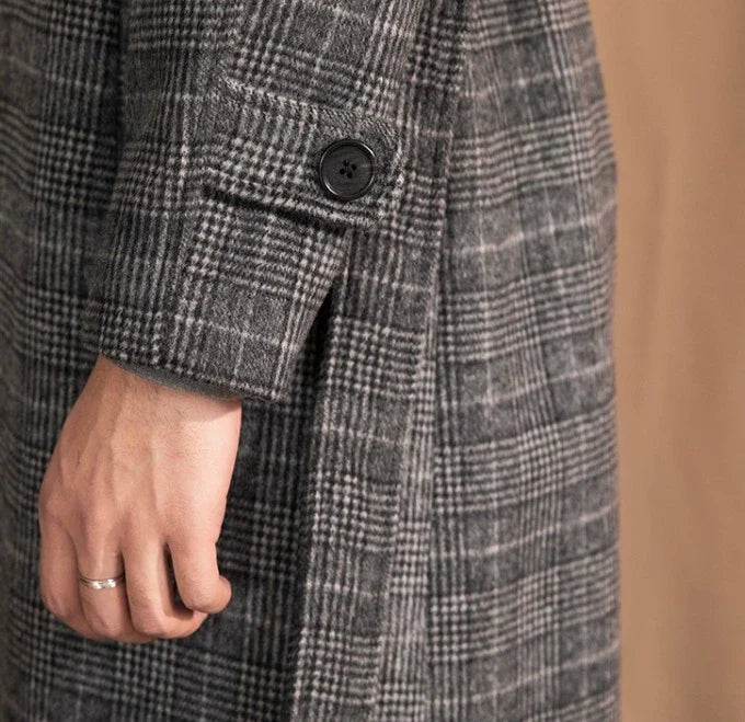 Men's wool warm mid-length coat in black grey color, featuring a classic lapel design and single-breasted front closure for a refined and stylish look.