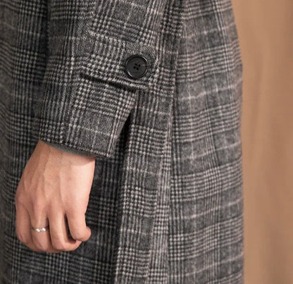 Men's wool warm mid-length coat in black grey color, featuring a classic lapel design and single-breasted front closure for a refined and stylish look.