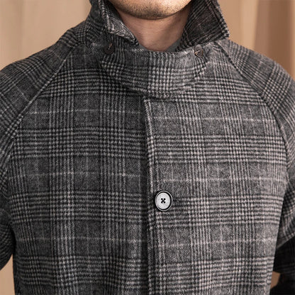 Men's wool warm mid-length coat in black grey color, featuring a classic lapel design and single-breasted front closure for a refined and stylish look.