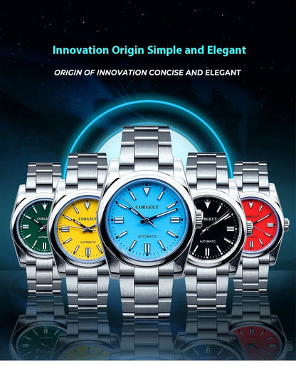 A stainless steel watch with luminous hands and indices, showcasing a sleek and sophisticated design.