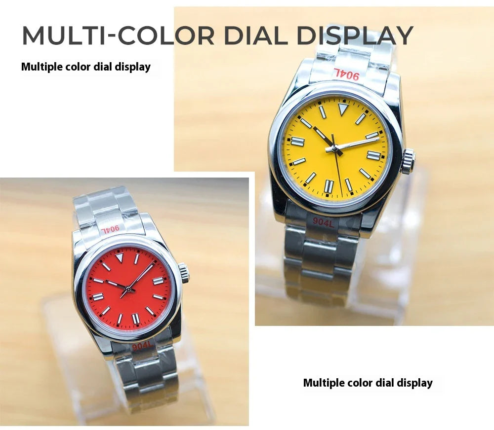 A stainless steel watch with luminous hands and indices, showcasing a sleek and sophisticated design.