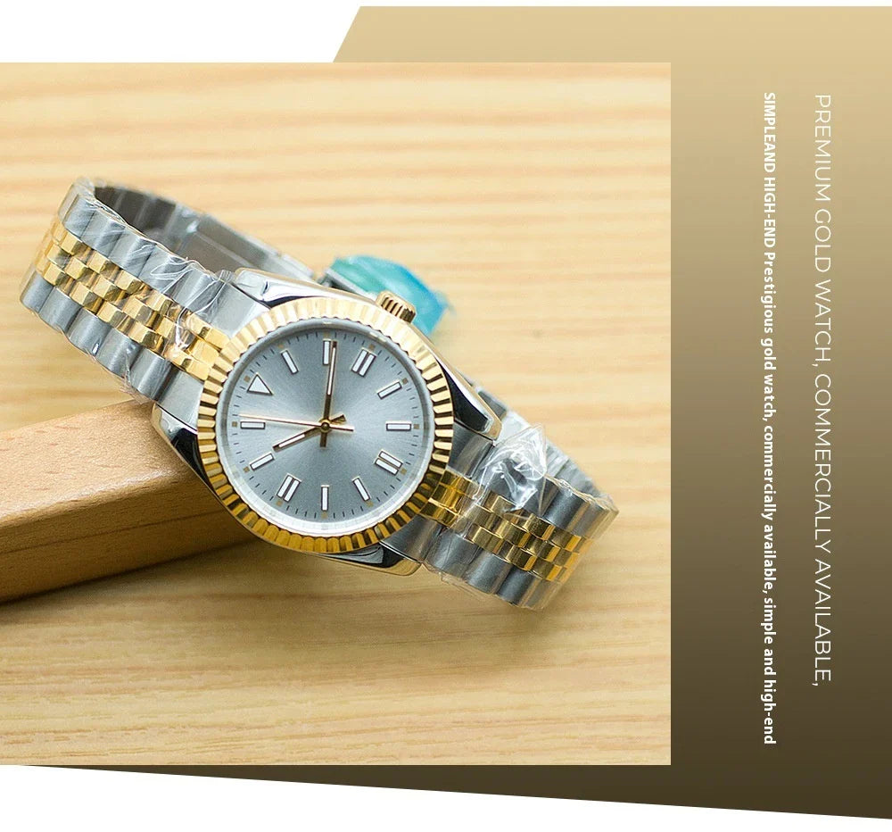 A stainless steel watch with luminous hands and indices, showcasing a sleek and sophisticated design.