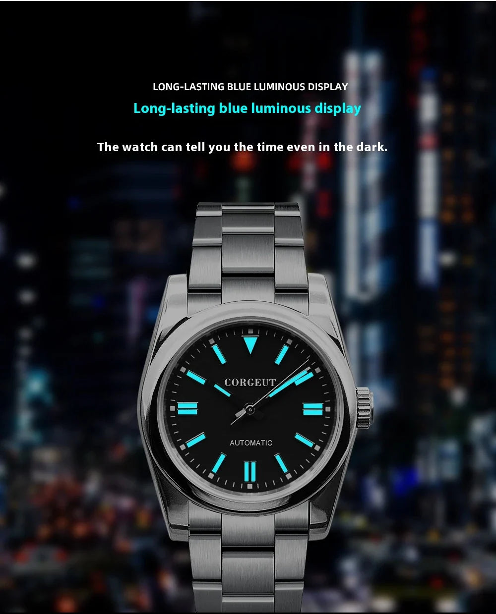 A stainless steel watch with luminous hands and indices, showcasing a sleek and sophisticated design.