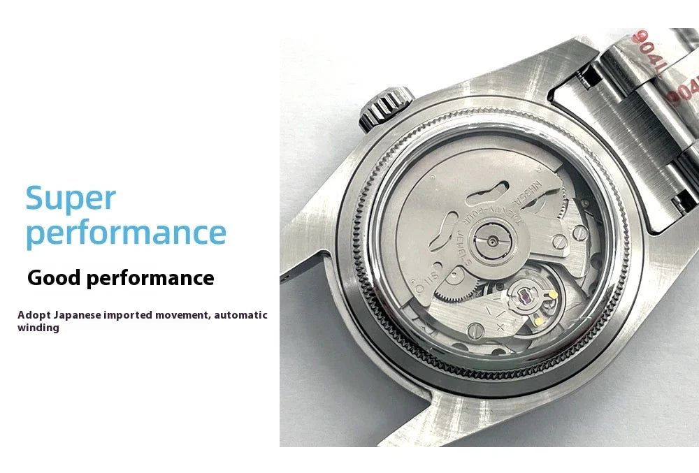 A stainless steel watch with luminous hands and indices, showcasing a sleek and sophisticated design.