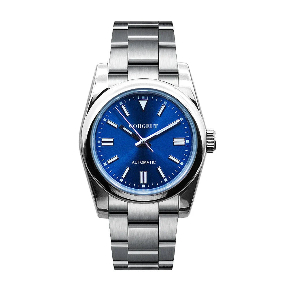 A stainless steel watch with luminous hands and indices, showcasing a sleek and sophisticated design.