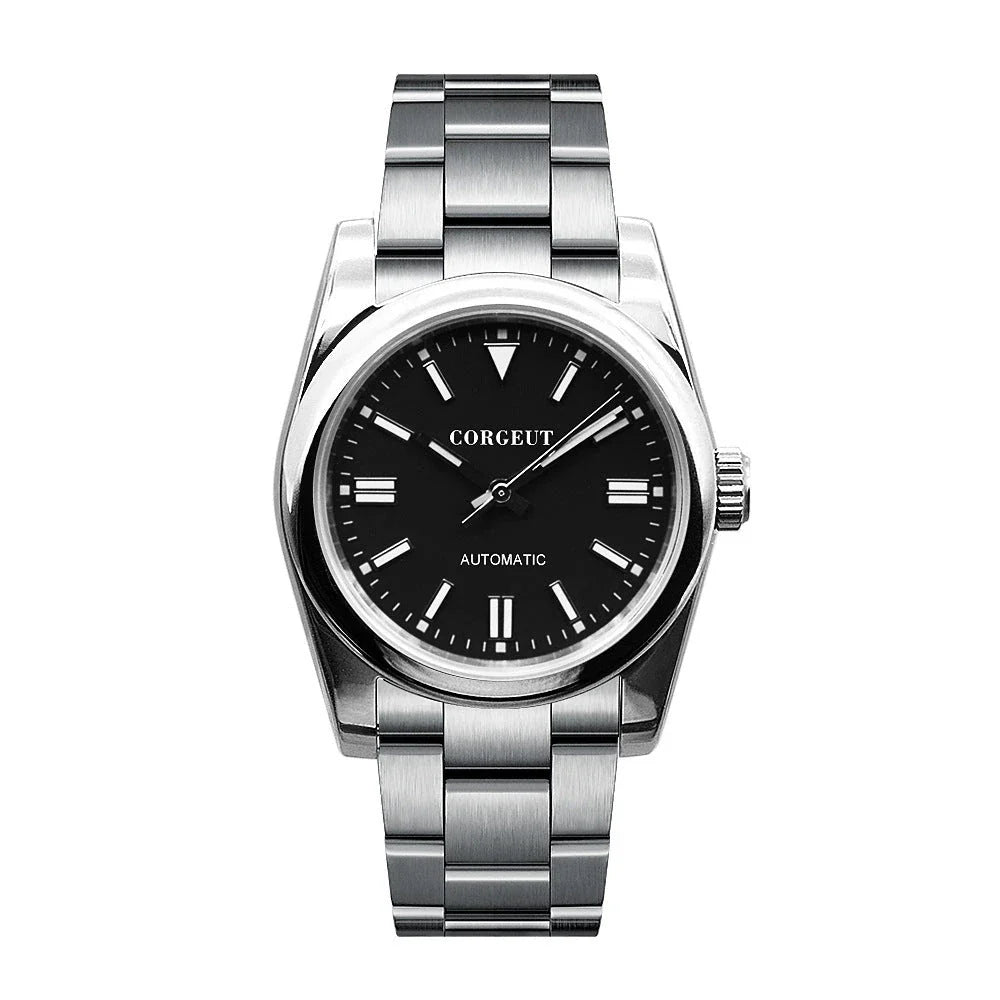 A stainless steel watch with luminous hands and indices, showcasing a sleek and sophisticated design.