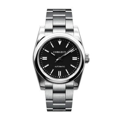A stainless steel watch with luminous hands and indices, showcasing a sleek and sophisticated design.