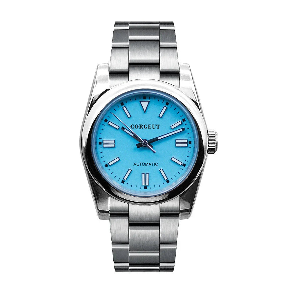 A stainless steel watch with luminous hands and indices, showcasing a sleek and sophisticated design.