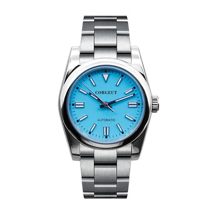 A stainless steel watch with luminous hands and indices, showcasing a sleek and sophisticated design.