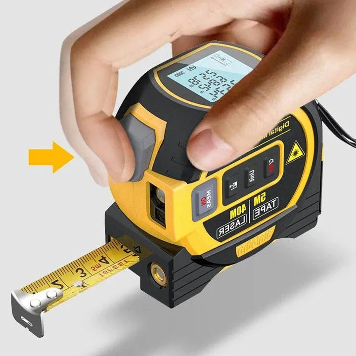 A multi-function laser distance meter with a 5m tape measure and cross-marking capabilities, perfect for construction, DIY, and engineering projects.