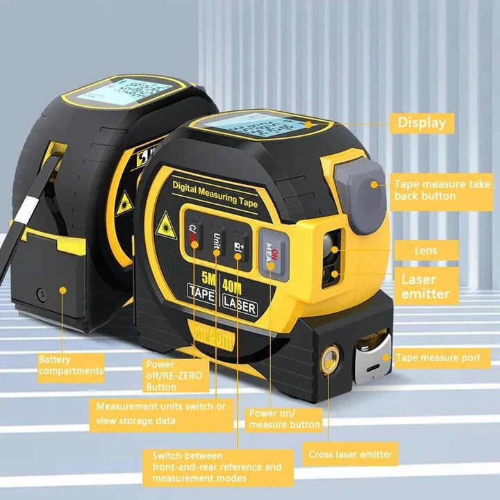 A multi-function laser distance meter with a 5m tape measure and cross-marking capabilities, perfect for construction, DIY, and engineering projects.