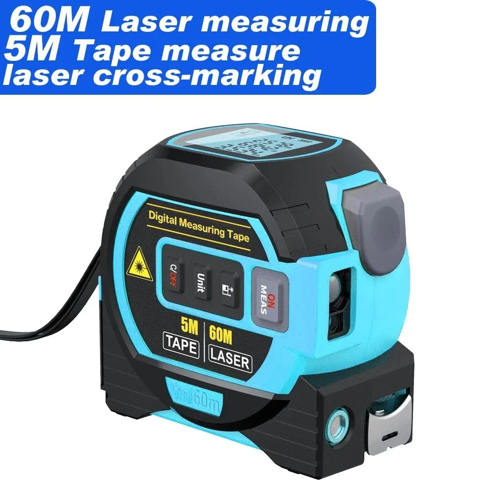 A multi-function laser distance meter with a 5m tape measure and cross-marking capabilities, perfect for construction, DIY, and engineering projects.