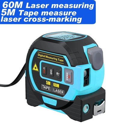 A multi-function laser distance meter with a 5m tape measure and cross-marking capabilities, perfect for construction, DIY, and engineering projects.