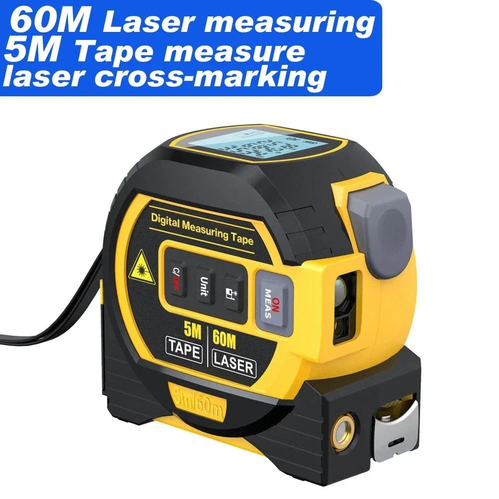 A multi-function laser distance meter with a 5m tape measure and cross-marking capabilities, perfect for construction, DIY, and engineering projects.
