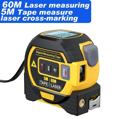A multi-function laser distance meter with a 5m tape measure and cross-marking capabilities, perfect for construction, DIY, and engineering projects.