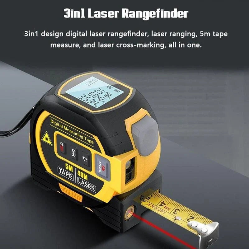 A multi-function laser distance meter with a 5m tape measure and cross-marking capabilities, perfect for construction, DIY, and engineering projects.