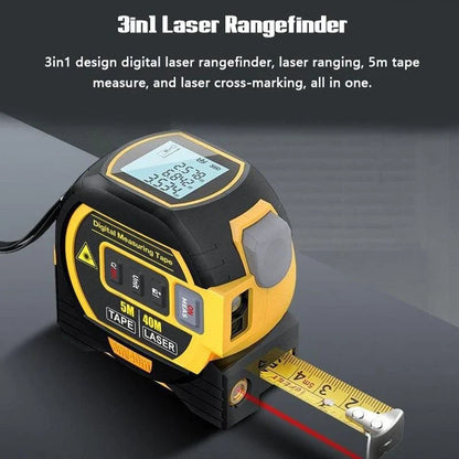 A multi-function laser distance meter with a 5m tape measure and cross-marking capabilities, perfect for construction, DIY, and engineering projects.