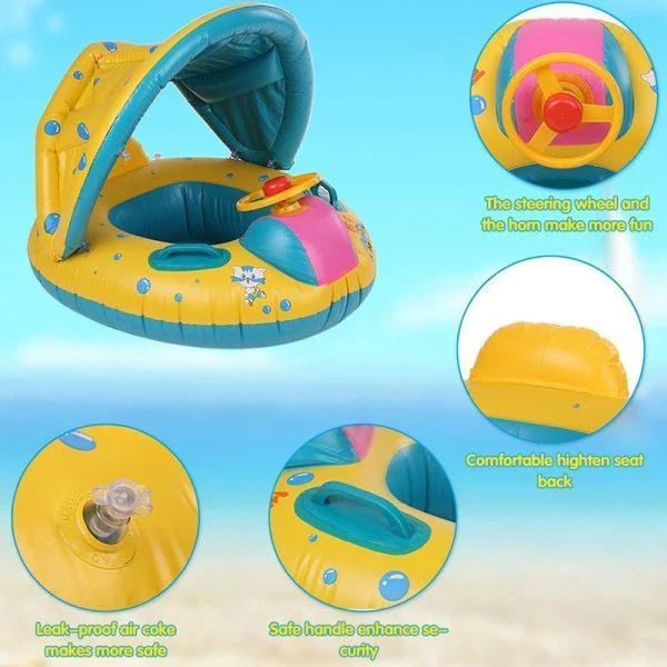 Colorful Baby Infant Swimming Pool Float with Steering Wheel and Sunshade Canopy