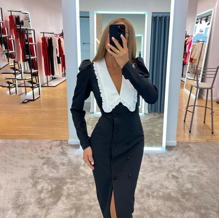 Hhomeenjoy Black And White Contrast Color Split Doll Collar Long Sleeve Dress