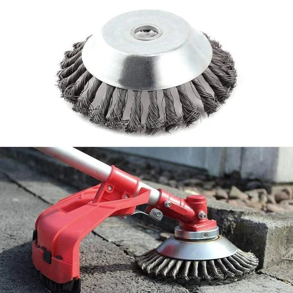 A steel wire brush designed for clearing weeds, brush, and debris from lawns, gardens, and outdoor surfaces