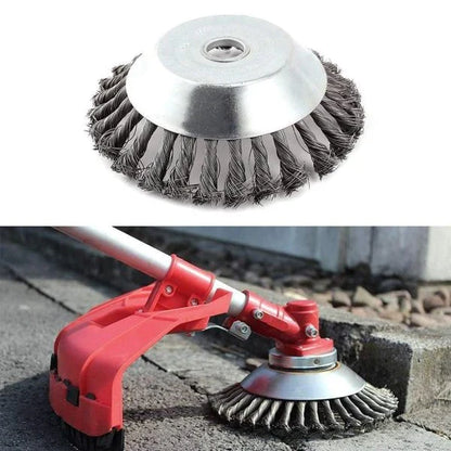 A steel wire brush designed for clearing weeds, brush, and debris from lawns, gardens, and outdoor surfaces