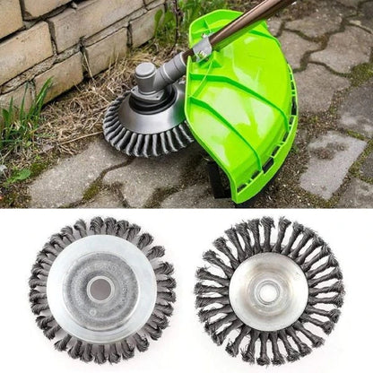 A steel wire brush designed for clearing weeds, brush, and debris from lawns, gardens, and outdoor surfaces