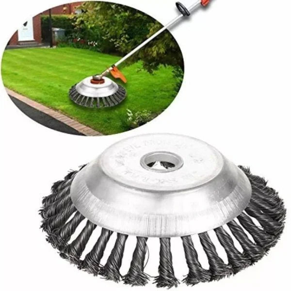 A steel wire brush designed for clearing weeds, brush, and debris from lawns, gardens, and outdoor surfaces