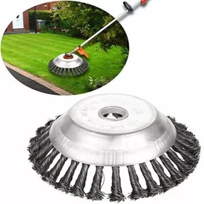 A steel wire brush designed for clearing weeds, brush, and debris from lawns, gardens, and outdoor surfaces