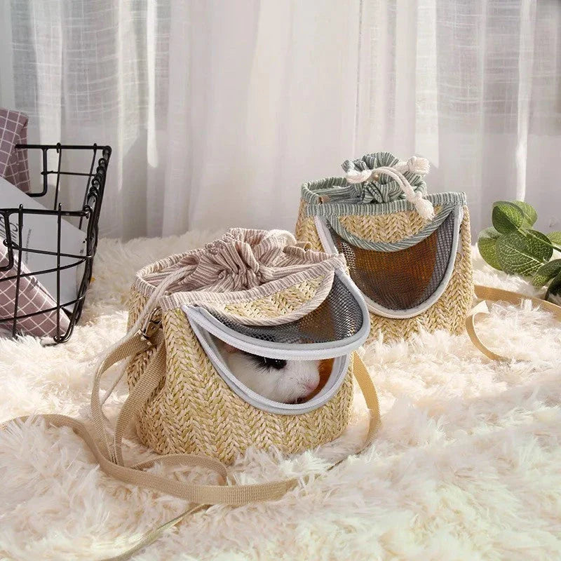 Portable straw-woven parrot backpack cage for small birds like parrots, with breathable design and durable construction