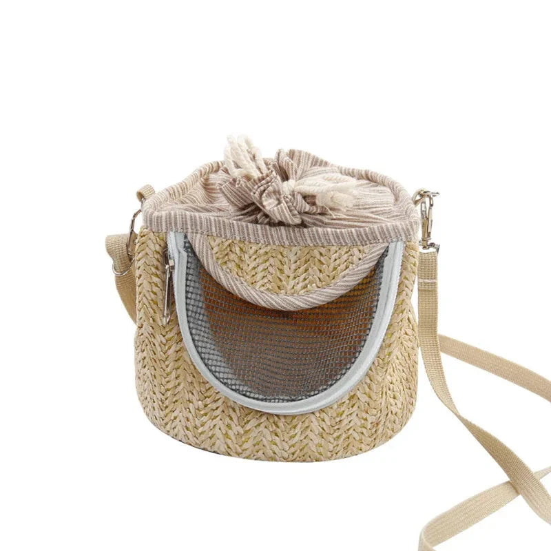 Portable straw-woven parrot backpack cage for small birds like parrots, with breathable design and durable construction
