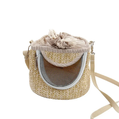 Portable straw-woven parrot backpack cage for small birds like parrots, with breathable design and durable construction