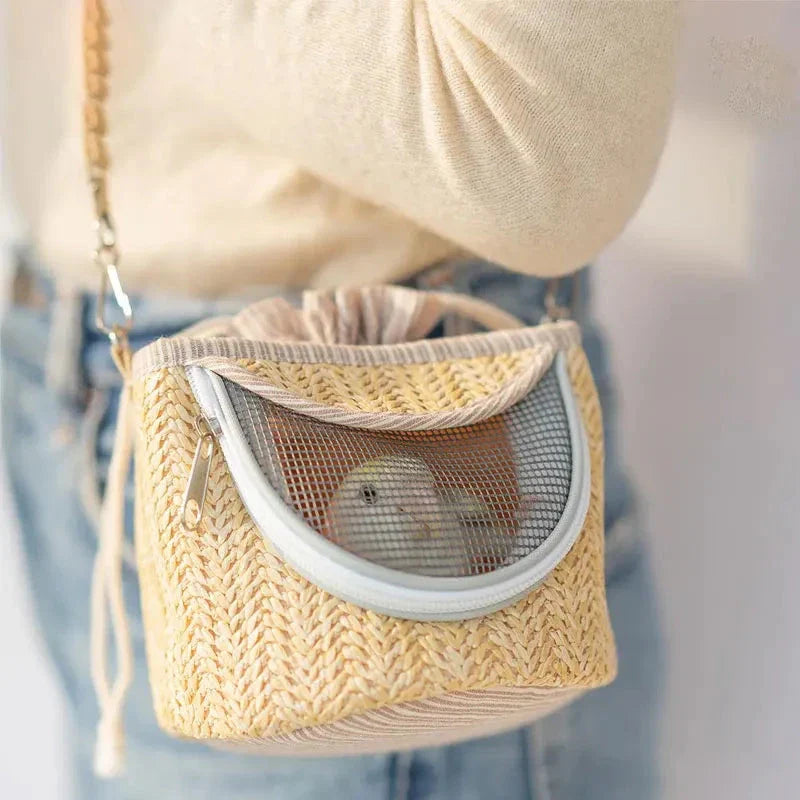 Portable straw-woven parrot backpack cage for small birds like parrots, with breathable design and durable construction