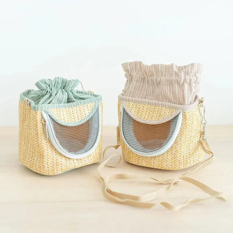 Portable straw-woven parrot backpack cage for small birds like parrots, with breathable design and durable construction