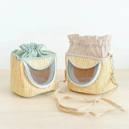 Portable straw-woven parrot backpack cage for small birds like parrots, with breathable design and durable construction