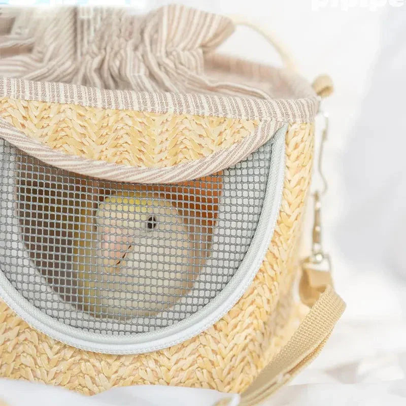Portable straw-woven parrot backpack cage for small birds like parrots, with breathable design and durable construction