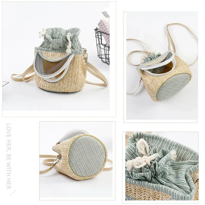 Portable straw-woven parrot backpack cage for small birds like parrots, with breathable design and durable construction