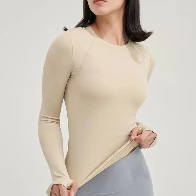 Women's Nylon Gym Top Yoga Shirt in Coffee Color with Breathable Fabric and Flexible Fit