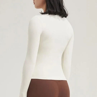 Women's Nylon Gym Top Yoga Shirt in Coffee Color with Breathable Fabric and Flexible Fit