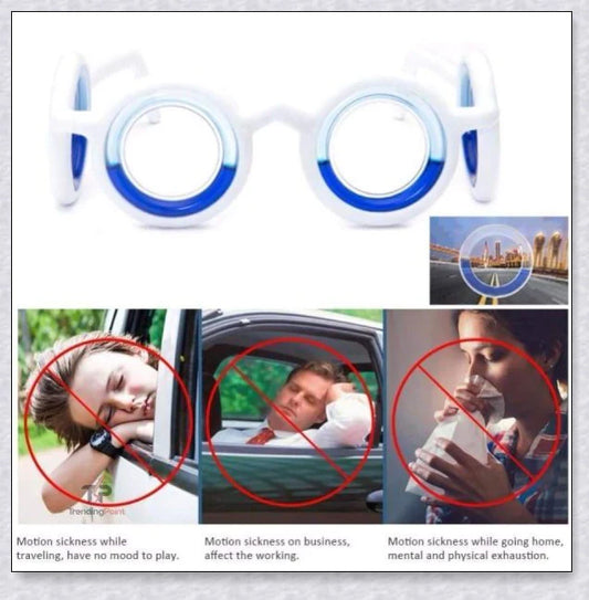 Motion Sickness Glasses with blue liquid ring that simulates the natural horizon to relieve nausea, dizziness, and vertigo.