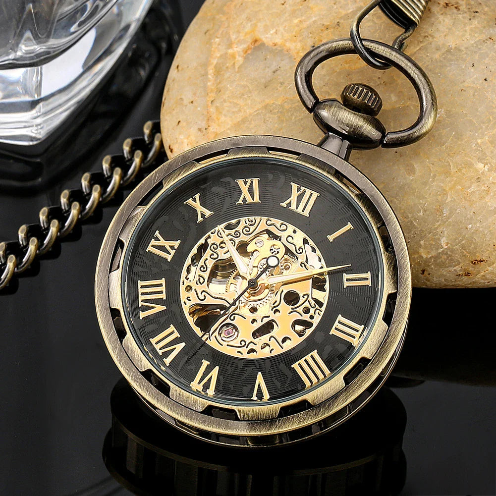 A premium manual pocket watch with a hollow movement, Roman numeral display, and sleek solid color design
