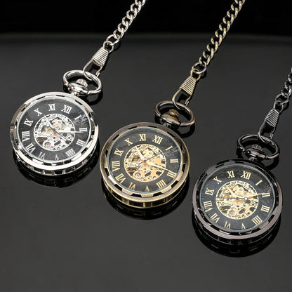 A premium manual pocket watch with a hollow movement, Roman numeral display, and sleek solid color design
