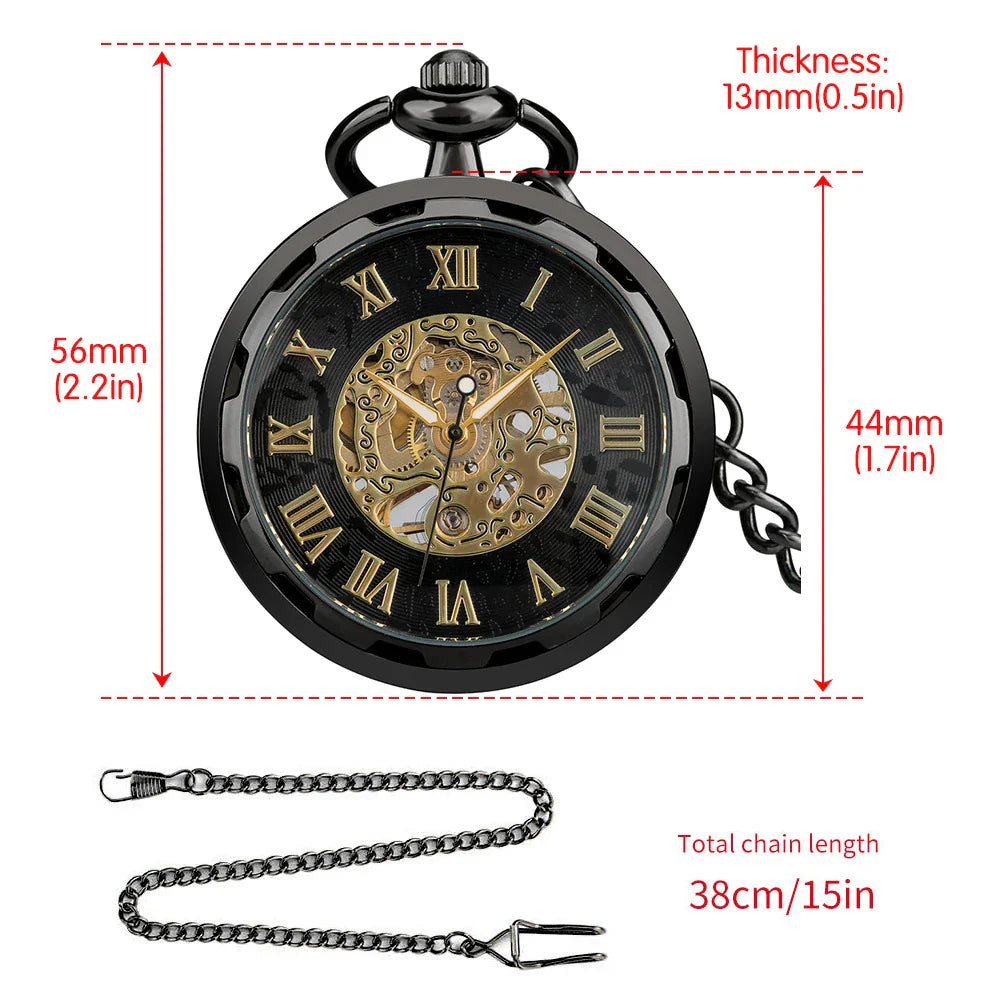 A premium manual pocket watch with a hollow movement, Roman numeral display, and sleek solid color design