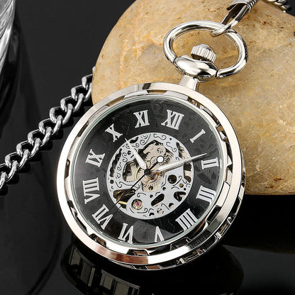 A premium manual pocket watch with a hollow movement, Roman numeral display, and sleek solid color design