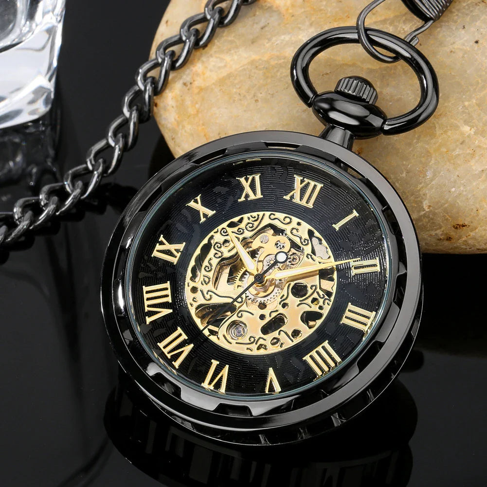 A premium manual pocket watch with a hollow movement, Roman numeral display, and sleek solid color design