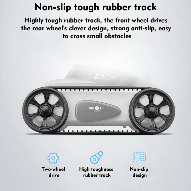 A compact, remote-controlled electric tank car with a high-quality camera for capturing stunning photos and live video