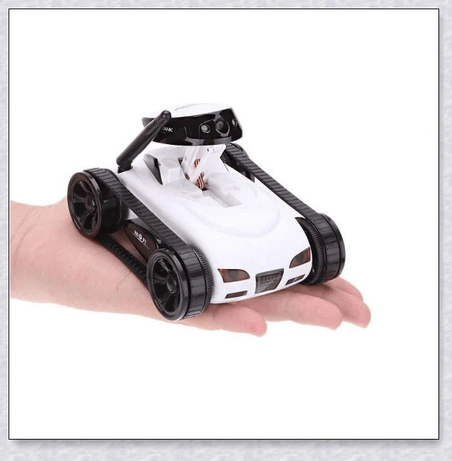 A compact, remote-controlled electric tank car with a high-quality camera for capturing stunning photos and live video